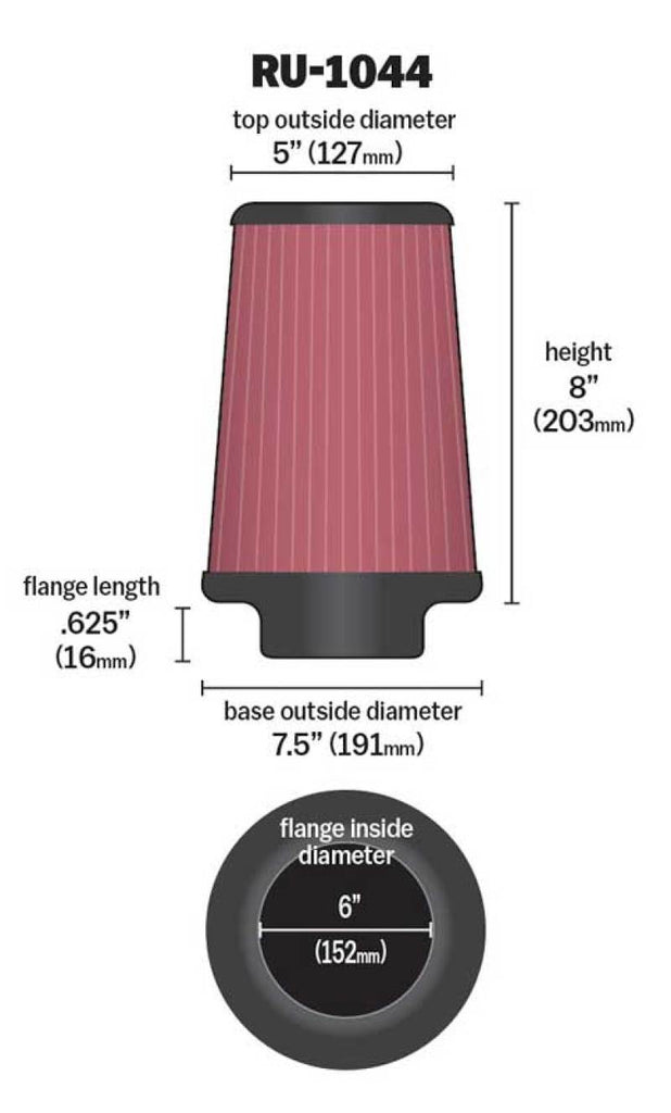 K&N Universal Clamp-On Air Filter 6in FLG / 7-1/2in B / 5in T / 8in H